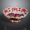 Decorative Household Bowl With Red And Black Floral Patterns Scalloped Edge And Copper Base