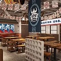 Chinese Style Beef Theme Restaurant Featuring Red Decor Wooden Barrels And Dining Counter
