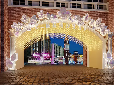 Illuminated Decorative Archway With Butterfly Flower Ornaments Night Cityscape And Stone Paved Path 3d model