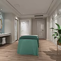Elegant beauty salon interior with green beds wooden flooring and large windows