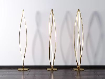 Golden Curved Modern Floor Lamps Illuminated With Shadow On Wooden Floor White Wall 3d model