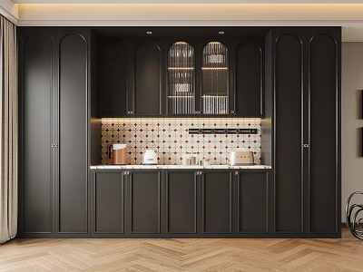 Modern Black Wine Cabinet Design With Glass Doors Storage Base And Tile Backsplash 3d model