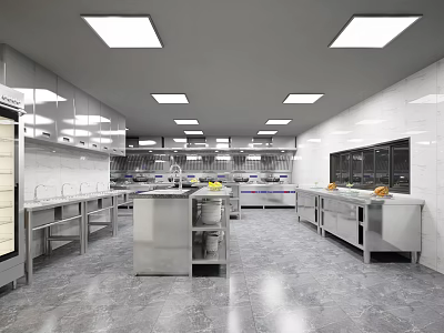 Professional Commercial Kitchen Interior With Stainless Steel Worktables Cabinets And Appliances 3d model