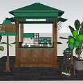 Coffee Tea Kiosk With Green Roof And Wooden Counter Surrounded By Potted Plants And Signboard