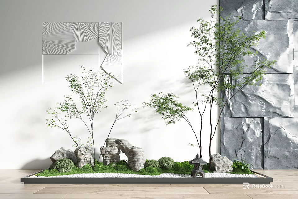 Modern Indoor Landscape With Small Trees Rocks Green Grass And Stone Lantern 3d model 