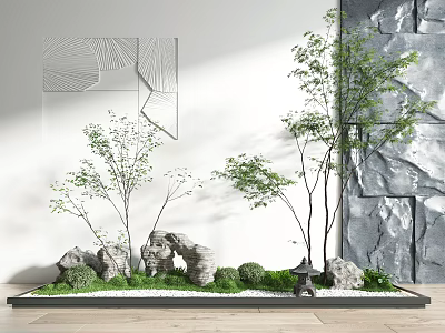 Modern Indoor Landscape With Small Trees Rocks Green Grass And Stone Lantern 3d model