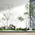 Modern Indoor Landscape With Small Trees Rocks Green Grass And Stone Lantern 3d model