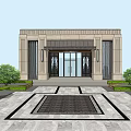 Modern Building Entrance Gate With Stone Facade Glass Canopy Steps And Greenery