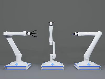 Advanced Intelligent Robotic Arms Three White Units With Blue Bases On Grey Background 3d model