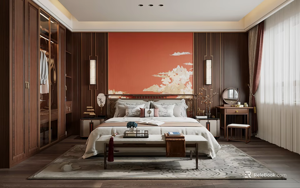 Classic Bedroom Interior with Red Cloud Pattern Wall Wooden Wardrobe Bed Bench and Rug 3d model 