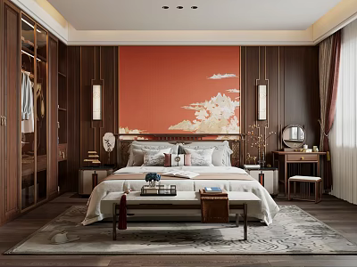 Classic Bedroom Interior with Red Cloud Pattern Wall Wooden Wardrobe Bed Bench and Rug 3d model