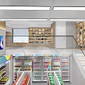24 Hour Supermarket Interior With Shelves Daily Supplies Display Cases And Cashier Counter
