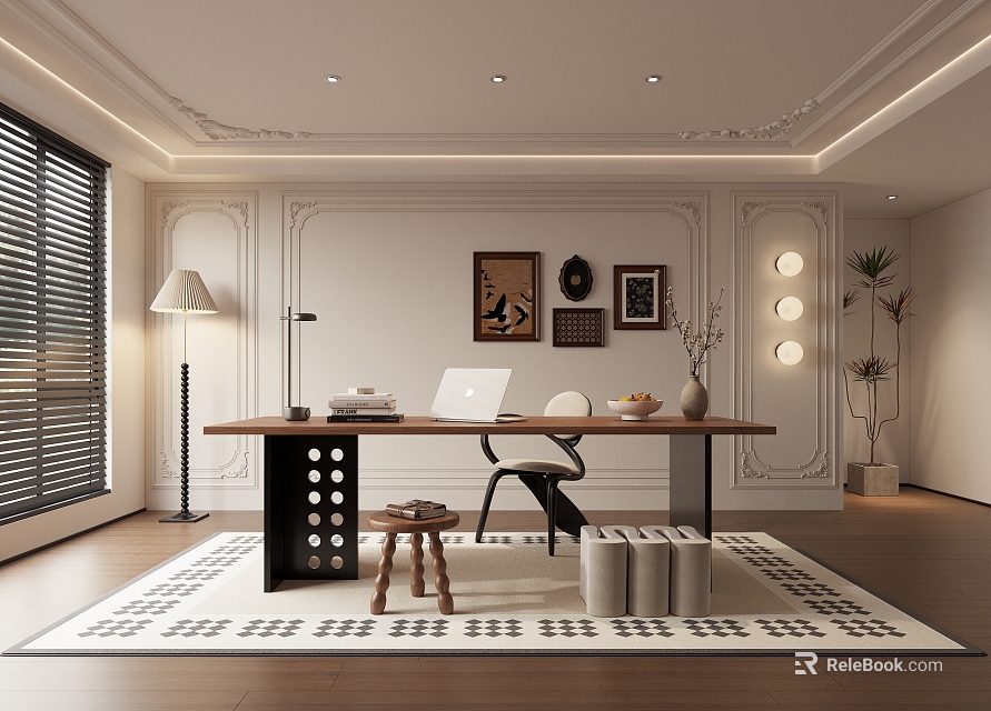 Modern Study Room Interior With Wooden Desk Laptop Floor Lamp And Decorative Paintings 3d model 