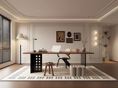 Modern Study Room Interior With Wooden Desk Laptop Floor Lamp And Decorative Paintings 3d model