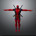 Deadpool Character in Red and Black Costume with Arms Outstretched Holding Katanas