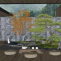 Peaceful Garden Courtyard Featuring Wooden Flooring Stone Wall Pine Tree Orange Tree and Water Feature