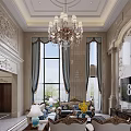 Luxurious Duplex Living Room With Crystal Chandelier Decorative Wall Panels And Dining Table