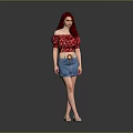 Woman with Long Red Hair in Off Shoulder Floral Top and Denim Skirt