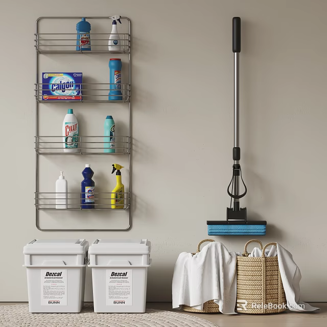 Wall Mounted Rack Holds Cleaning Supplies And Storage Bins 3d model 