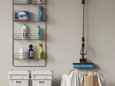 Wall Mounted Rack Holds Cleaning Supplies And Storage Bins 3d model