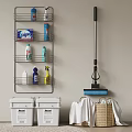 Wall Mounted Rack Holds Cleaning Supplies And Storage Bins