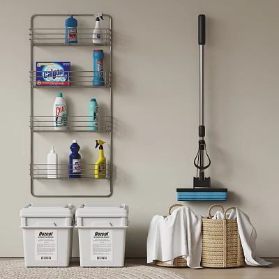 Wall Mounted Rack Holds Cleaning Supplies And Storage Bins 3d model