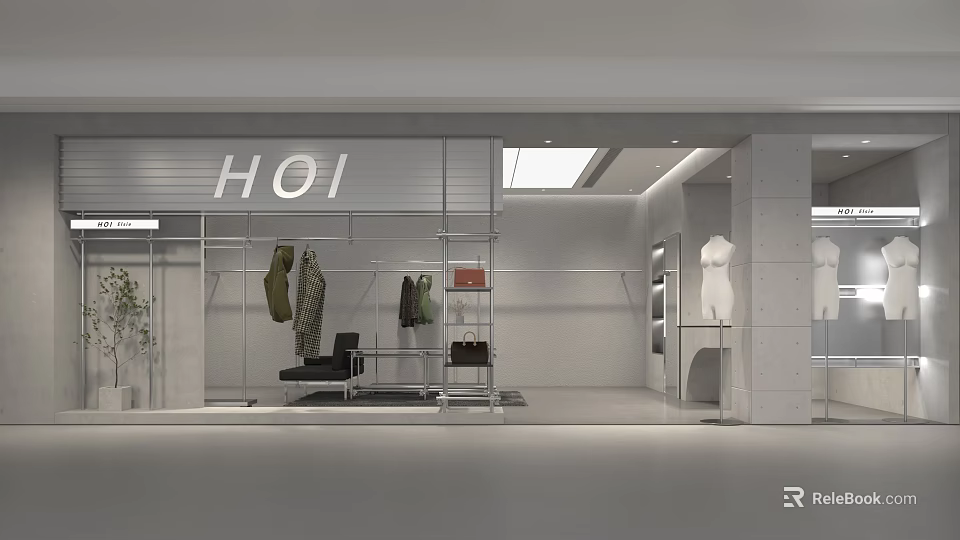 HOI Clothing Store Interior With Transparent Glass Facade Hanging Clothes And Mannequins 3d model 