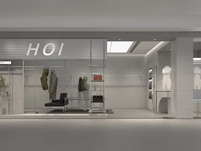 HOI Clothing Store Interior With Transparent Glass Facade Hanging Clothes And Mannequins 3d model