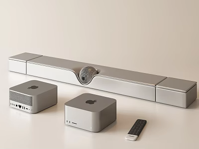 Sleek Modern Silver Audio Soundbar System With Dual Subwoofers And Remote Control 3d model