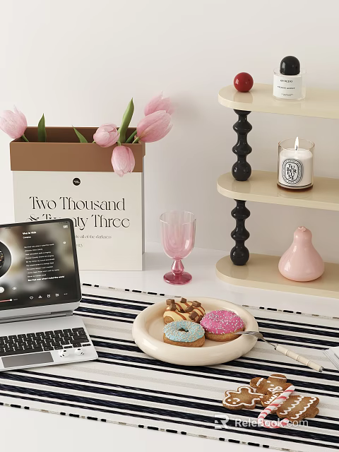 Stylish Decorative Ornament Set with Pink Tulips Wine Glass Candle and Donuts on Tiered Shelf 3d model 