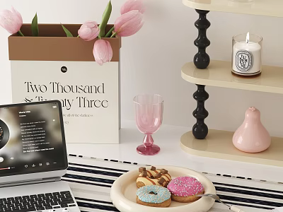 Stylish Decorative Ornament Set with Pink Tulips Wine Glass Candle and Donuts on Tiered Shelf 3d model
