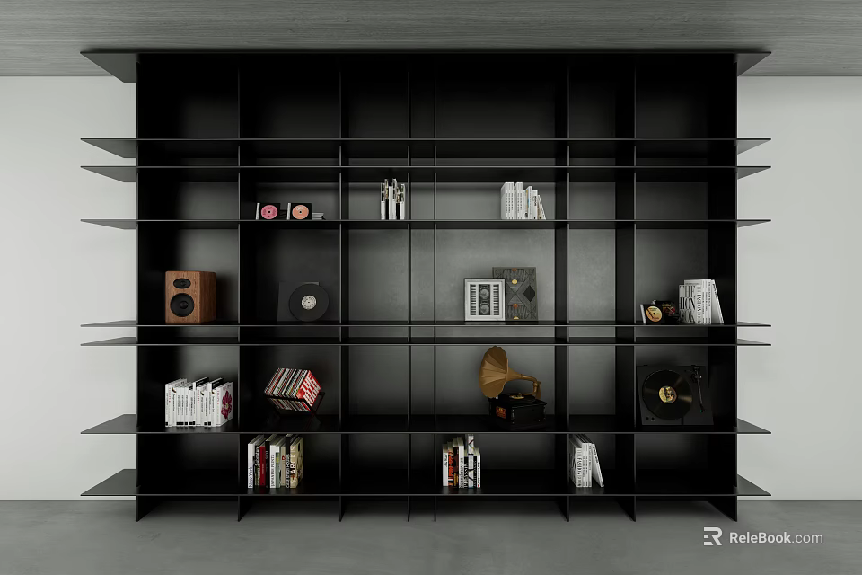 Modern Black Bookshelf Interior Design With Open Shelving Books Vinyl Records And Gramophone 3d model 