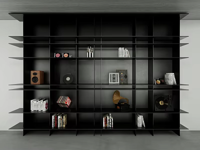 Modern Black Bookshelf Interior Design With Open Shelving Books Vinyl Records And Gramophone 3d model