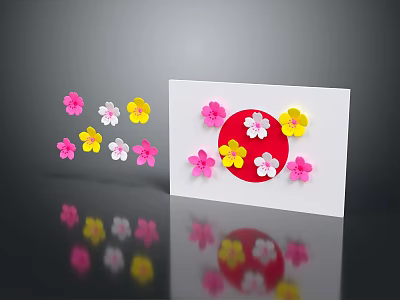 Colorful Decorative Paper Flowers On White Card With Pink Yellow Red Petals And Reflections 3d model