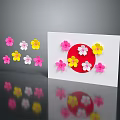 Colorful Decorative Paper Flowers On White Card With Pink Yellow Red Petals And Reflections