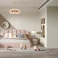 Warm Kids Room Design Featuring Pink Bedhead Stuffed Toys Rug Pendant Light And Wall Decor