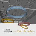 Ring Shaped Chandeliers with Illuminated Agile Bar Text in Bar Style Gray Ceiling and Pipes