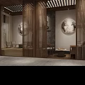Traditional Chinese Teahouse Interior With Bamboo Partitions Round Wooden Table Chairs Bookshelves And Hanging Lamps