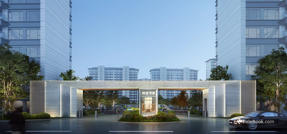 Modern Residential Entrance With Covered Gate Tall Buildings And Green Landscaping 3d model 