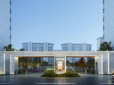 Modern Residential Entrance With Covered Gate Tall Buildings And Green Landscaping 3d model