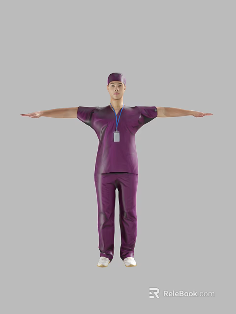 A Man in Purple Scrubs with Surgical Cap and ID Badge Arms Outstretched 3d model 