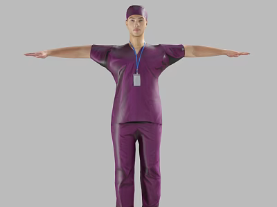 A Man in Purple Scrubs with Surgical Cap and ID Badge Arms Outstretched 3d model