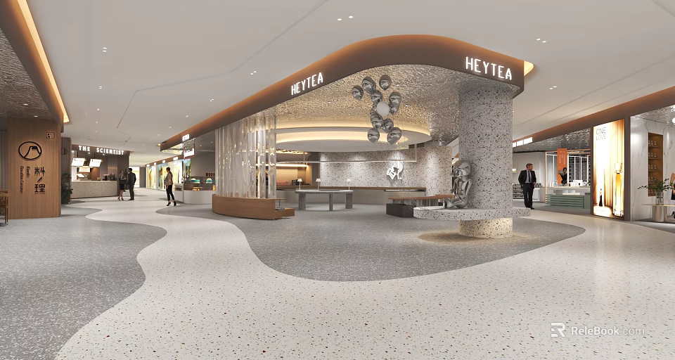 HEYTEA Store In Mall With Modern Design Stone Counter Seating And Customers 3d model 