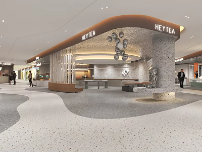 HEYTEA Store In Mall With Modern Design Stone Counter Seating And Customers 3d model