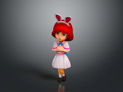 Woman in pink white dress with red hair rabbit ears crossed hands on gray 3d model