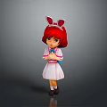 Woman in pink white dress with red hair rabbit ears crossed hands on gray