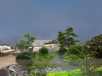 Scenic Courtyard Garden Featuring Outdoor Sofa Lush Greenery Stone Path And Pine Trees 3d model