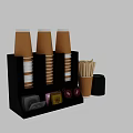 Organized Coffee Station With Paper Cups In Black Holder Wooden Stirrers Sugar Packets And Creamer