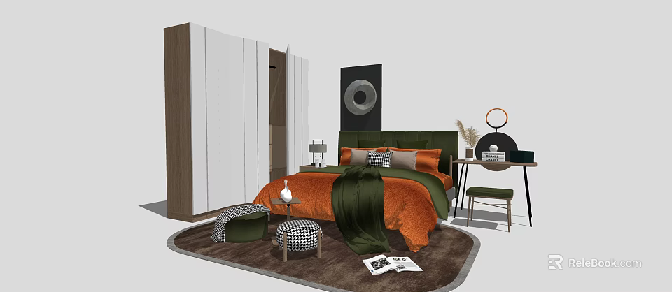 Double Bed With Orange Bedding Green Throw Pillows Round Wall Art And Wooden Wardrobe 3d model 