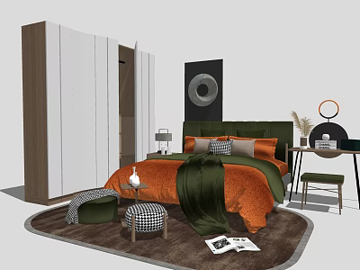 Double Bed With Orange Bedding Green Throw Pillows Round Wall Art And Wooden Wardrobe 3d model